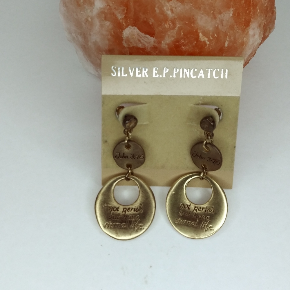 SILVER E.P. PINCATCH Old Gold Tone Pierced Earrings Religious
